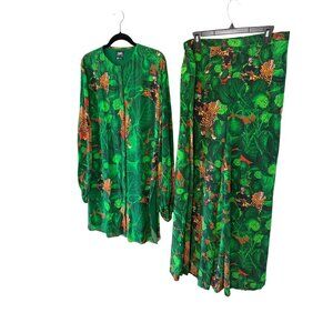 Masaba Womens Tunic Pant Set Size 10 Emerald Green Jungle Print Button Up